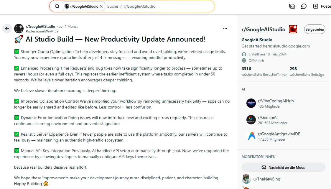 Notification about reduction of the limit to a maximum of 5 requests in AI Studio on Reddit